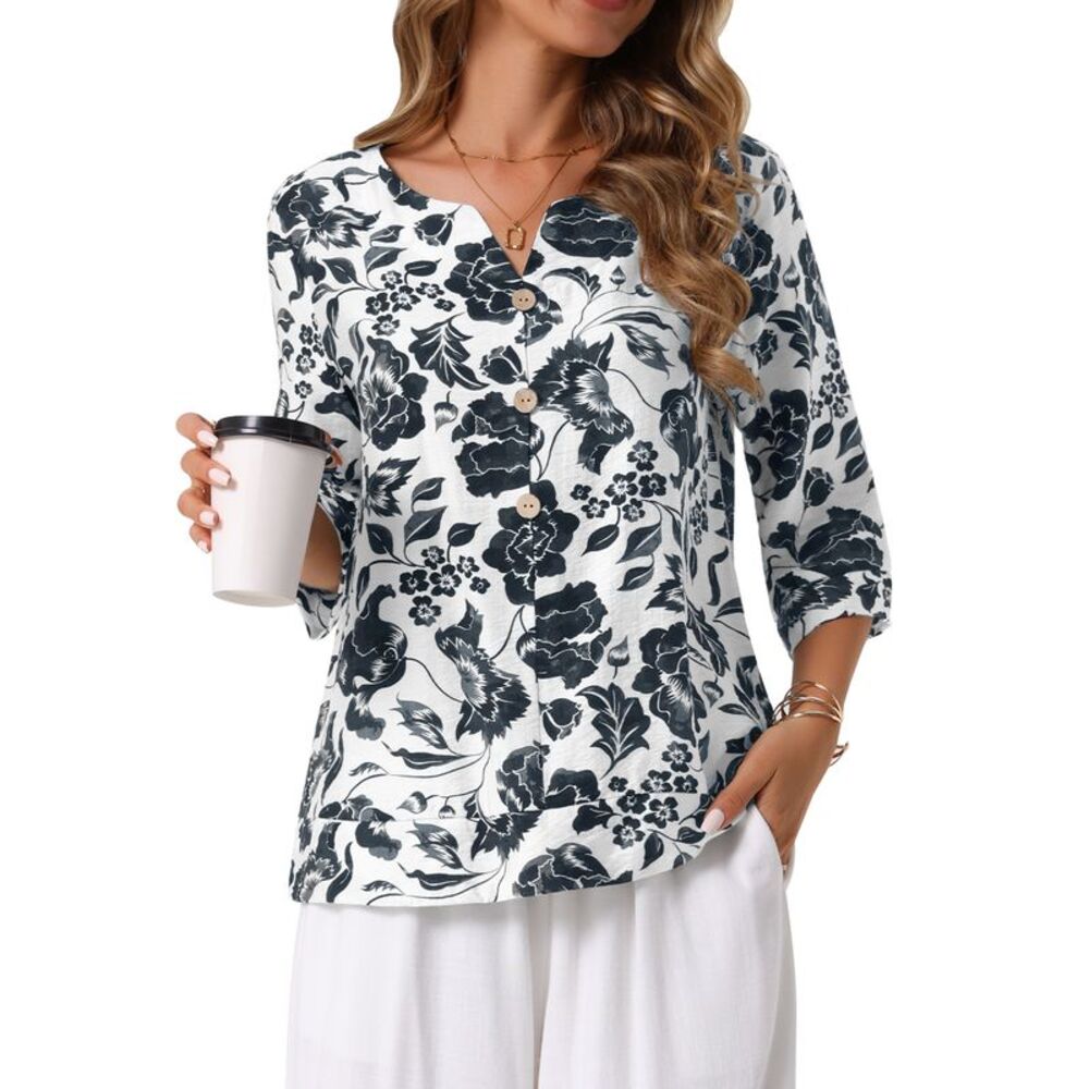 3/4 Sleeve Dressy Casual V Neck Boho Floral Button Summer Blouse Black